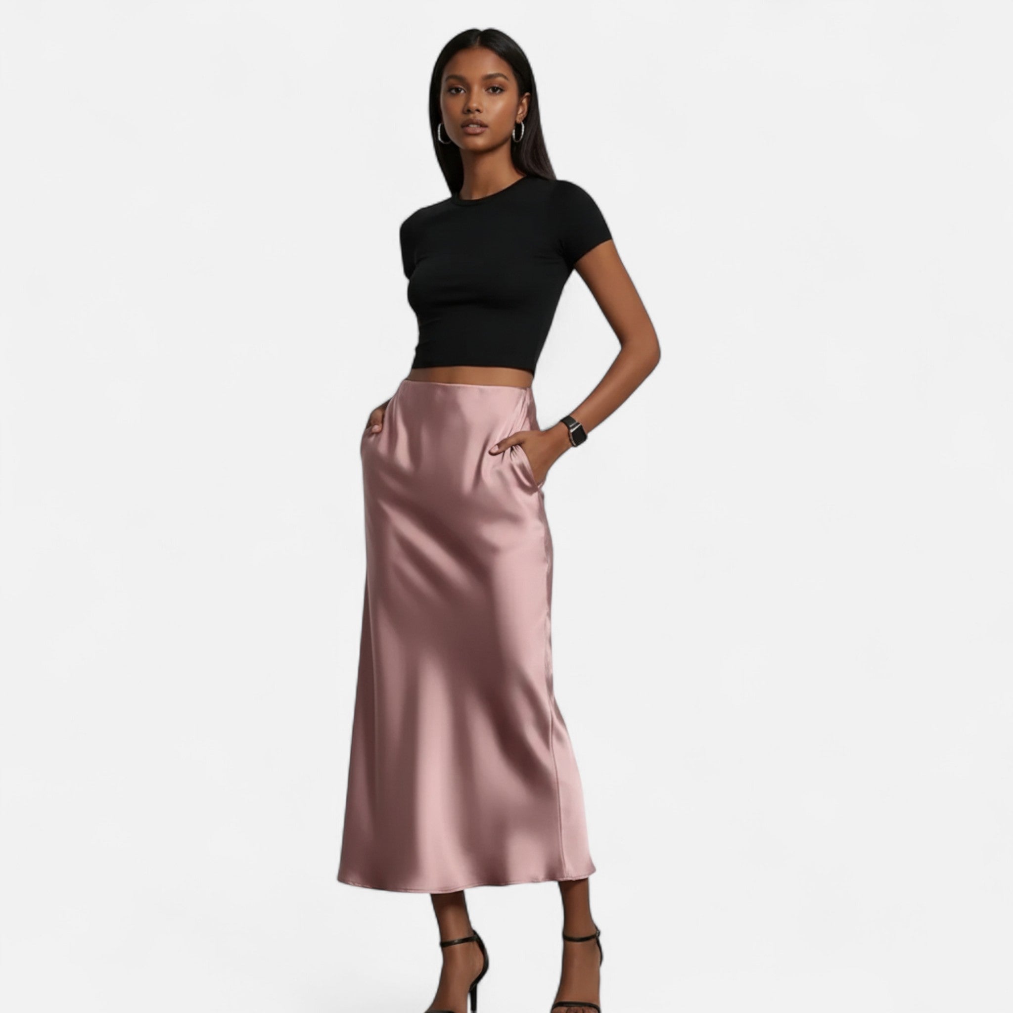 Marquiet Club | Women’s High-Waist Satin Midi Skirt
